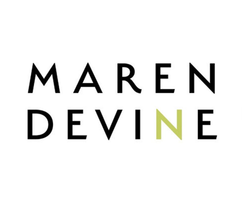 May include: Black and white text logo with the name "MAREN DEVINE" with the "N" in a light green color.