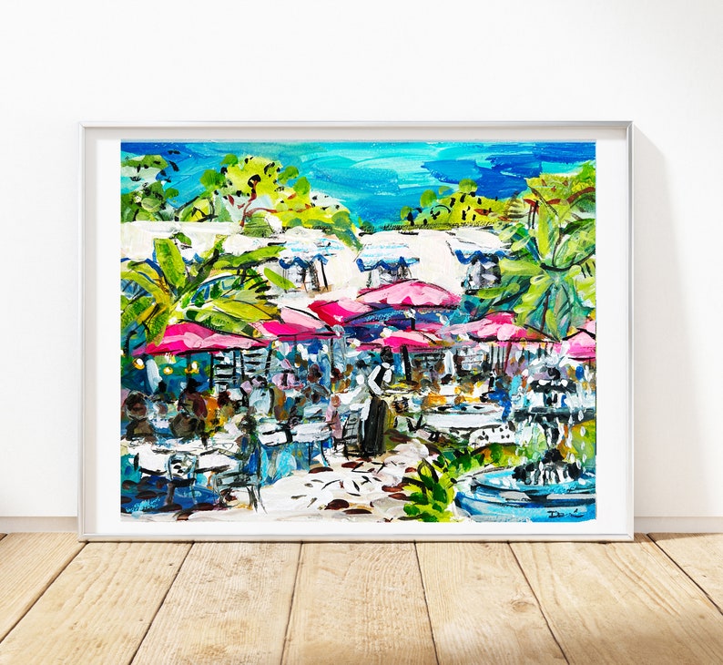 May include: A watercolor painting of a cafe scene with pink umbrellas, tables, and chairs. People are sitting at the tables and there is a fountain in the background.