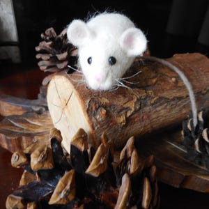 White needle felted life size mouse,