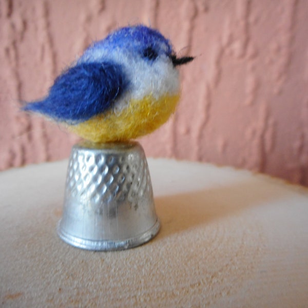 needle felted blue tit, blue tit, blue tit statue, thimble blue tit, blue tit. bird lovers gift, tiny blue tit, miniature blue tit