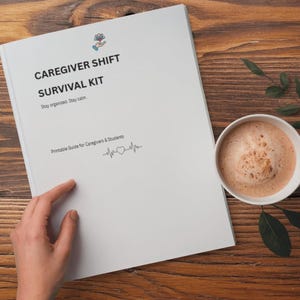 May include: A white book titled "Caregiver Shift Survival Kit" with the text "Stay organised. Stay calm." A cup of coffee and leaves are on a wooden surface. The book is a printable guide for caregivers and students.
