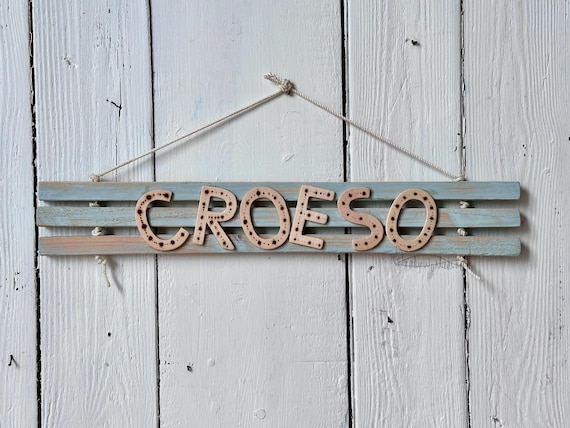 Welsh language CROESO sign * Handmade in Wales * wooden pyrography sign