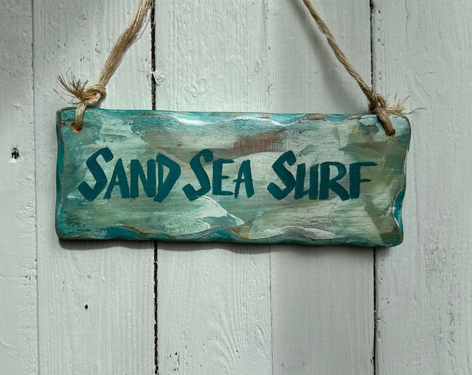 Beach Sign * sand sea and surf * wooden sign * Handmade in Wales *