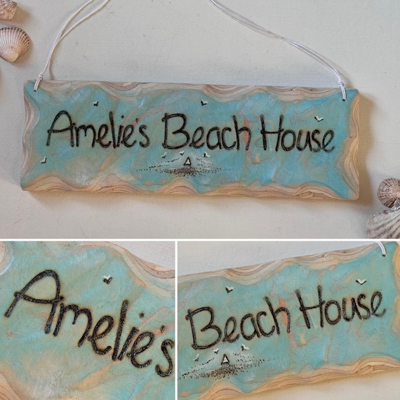 Personalized Beach House sign : Pyrography Sign Handmade Wooden Coastal Decor