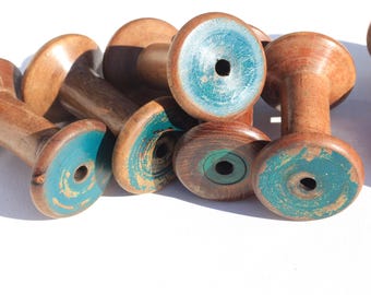 Vintage antique wooden thread textile yarn bobbin spools, original green patina, appx. 3 1/3" x 2"
