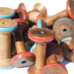 Vintage antique wooden bobbins, solid wood, cleaned, waxed & polished, apx. 3 1/4&quot; x 2&quot; Red or Blue