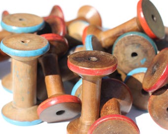 Vintage antique wooden bobbins, solid wood, cleaned, waxed & polished, apx. 3 1/4" x 2" Red or Blue