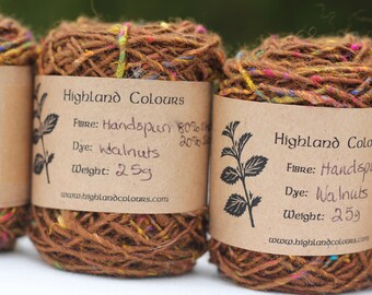 Handspun walnut plant dyed soft Shetland / Sari silk blend, natural chestnut brown, spun to apprx. aran weight 25g balls