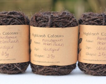 Handspun Hebridean 'black' undyed singles, dark brown with heathering, from raw fleece 25g apx. spun aran weight
