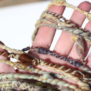 May include: A skein of hand-spun art yarn featuring a textured, uneven ply with a variegated color palette of cream, beige, brown, dark purple, and soft green. The yarn displays varying thicknesses and twists throughout the length of the fiber.
