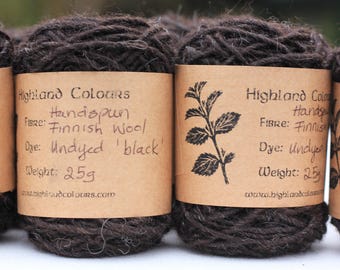 Handspun Finnish 'black' undyed darkest peat brown singles yarn, suit tapestry, nalbinding, knit, crochet, felt, soft smooth, 25g balls