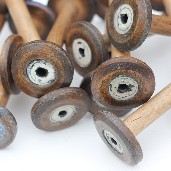 Vintage antique wooden mill bobbins, original white paint patina, 7" length, cleaned waxed & buffed