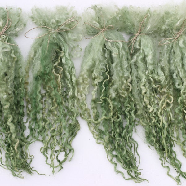 Chlorophyllin plant dyed 2-tone Wensleydale locks, apx. 10" - 12" length, individually pulled & bundled, 10g packs over-dyed dark green tips