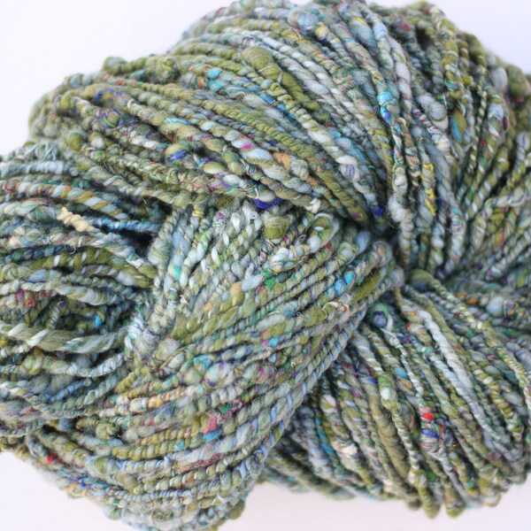 25g Handspun all natural dyed Shetland & Merino / recycled Sari Silk, textured indigo blues greens rainbow soft textured yarn 25g /apx 9 yds