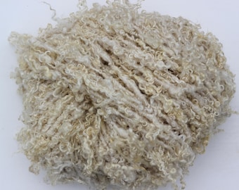 50g Handspun Wensleydale shearling 1st clip yarn, ivory white natural undyed silky glossy locks, apx. 6.5m per 50g