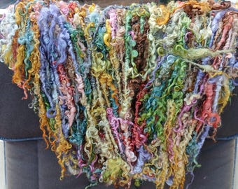 50g Handspun Plant dyed Wensleydale lockspun yarn, very arty zany multi coloured rainbow entirely naturally dyed glossy locks, apx 9 yards