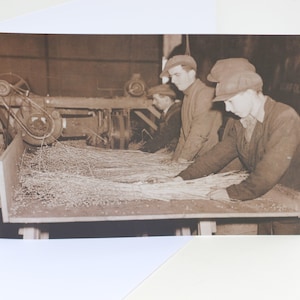 A5 Tarjeta de felicitación rara reproducción de fotos antiguas vintage, cultivo de lino des-siembra hackling tejido Norfolk Inglaterra, con sobre blanco