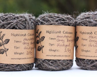 Handspun Bergschaf Austrian wool undyed grey brown & heathering, singles spun to aran weight, tapestry knit nalbinding crochet, 25g balls