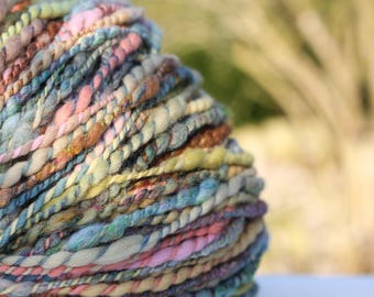 50g Handspun plant dyed thick-thin bulky soft natural rainbow colours, merino & shetland with sari-silk highlights, apx. 25yd (22.8m)