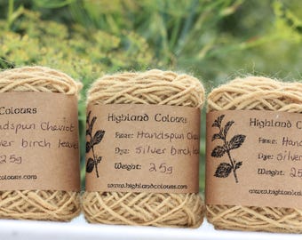 Handspun Silver birch leaf dyed Cheviot tapestry yarn singles nallbinding, knit, crochet tapestry picture weave natural ochre caramel yellow
