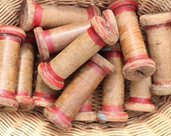 2x Vintage antique wooden chunky primitive bobbins, original patina painted red, SECONDS, apx 5 3/4" x 2 1/2"