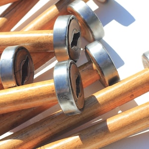 Vintage wooden bobbins, Metal bound ends, 8&quot; x 1 3/4&quot; base, 7/8&quot; dia. top, linen weaving English mill pirn bobbins, cleaned, waxed & buffed