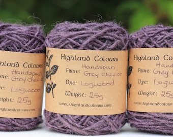 25g Handspun Logwood plant dyed grey Cheviot tapestry yarn singles, picture or navajo type weaving, darkest aubergine purple