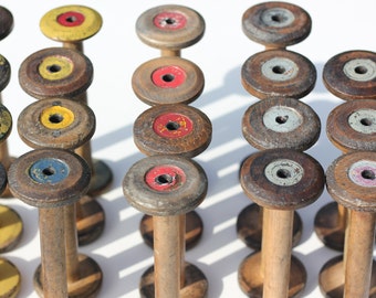 Vintage antique weaving mill wooden bobbin spools, cotton/linen spinning, original paint patina, choose colour option, apx 7" x 2"