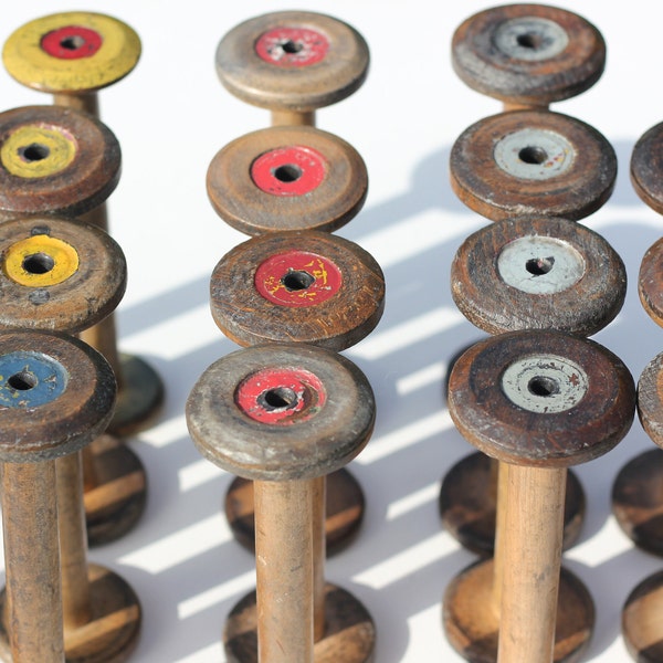 Vintage antique weaving mill wooden bobbin spools, cotton/linen spinning, original paint patina, choose colour option, apx 7" x 2"