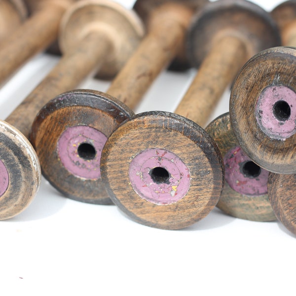 Vintage antike Holzspulen, original rosa Lackpatina, 18,5 cm gereinigt, vegan gewachst und geschliffen