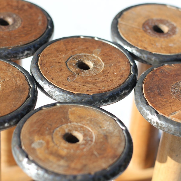 Antique vintage wooden mill bobbins, metal bindings, waxed and polished, apx. 7" x 3.5"