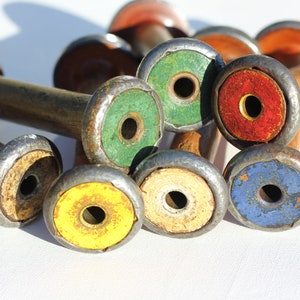 Vintage antique wooden mill bobbins original coloured paint patina, metal bindings English weaving mill, cleaned waxed & buffed, apx 6" x 2"