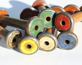 Vintage antique wooden mill bobbins original coloured paint patina, metal bindings English weaving mill, cleaned waxed & buffed, apx 6" x 2"
