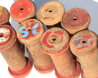 2x Vintage antique wooden chunky primitive bobbins, original patina painted red, apx 5 3/4" x 2 1/2"