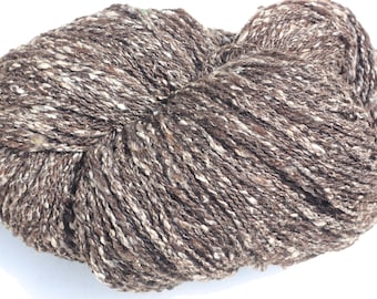 25g Handspun Corriedale / Sari silk blend, 2 ply chunky soft knitting yarn, tweed dark brown / silver fawn, apx. 40yd per 25g