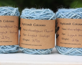 25g Handspun Indigo plant dyed Cheviot tapestry yarn singles, picture or navajo type weaving, natural pastel denim-jeans blue