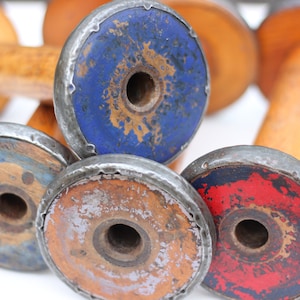 Vintage antique wooden mill bobbins, metal bound original patina, cleaned waxed & buffed, apx. 9 1/4&quot; x 4&quot;, made in England