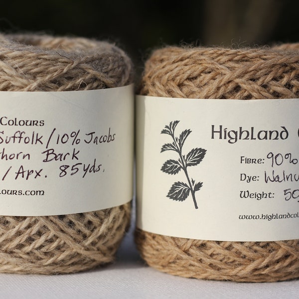 50g Buckthorn bark OR Walnuts dyed Suffolk x Jacob's British wool NOT superwash, commercially spun aran yarn, soft, apx. 85yards, (dye #1)