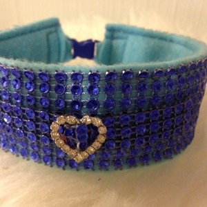 Royal Blue Diamante Heart Collar. Comfy wear Bling Dog Collars image 1