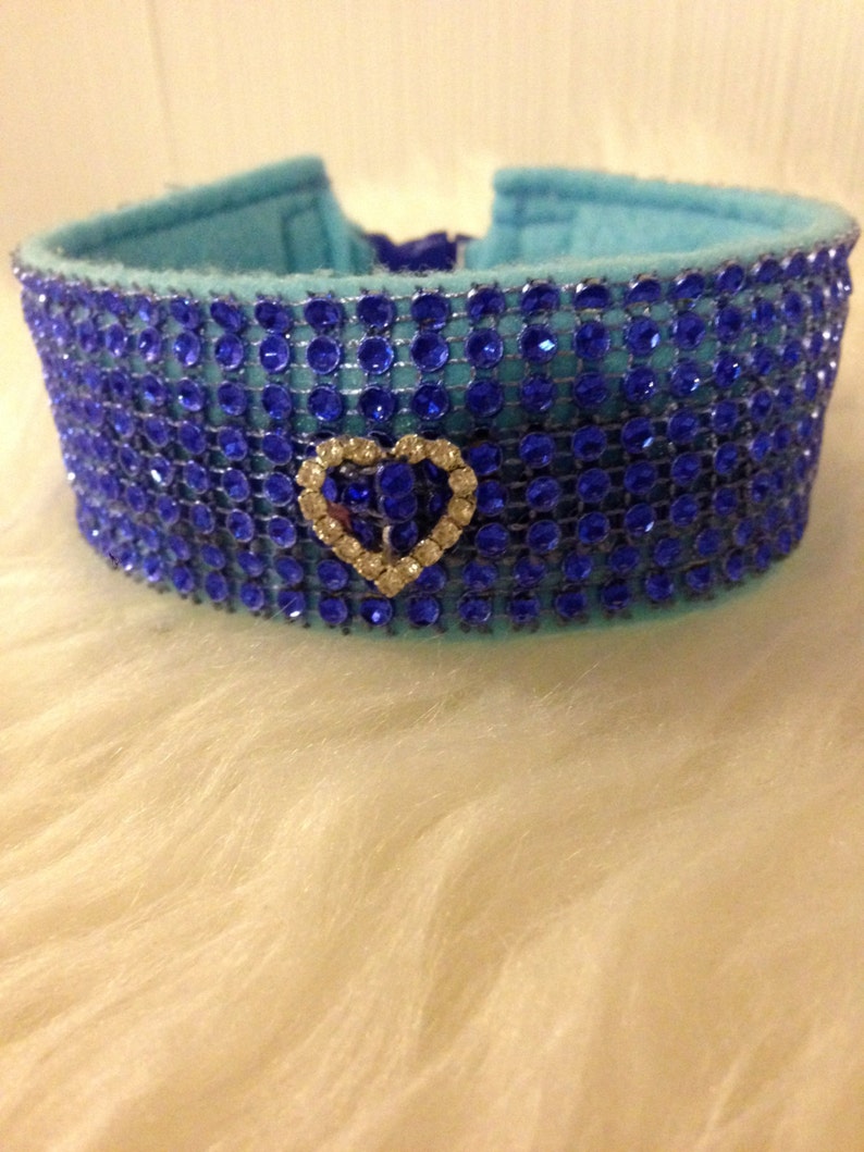 Royal Blue Diamante Heart Collar. Comfy wear Bling Dog Collars image 3