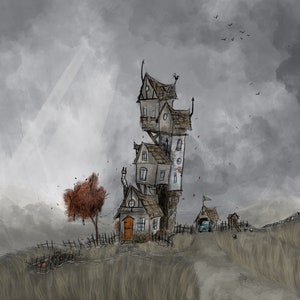 May include: A tall, multi-story house with a crooked, stacked design stands in a field under a cloudy, gray sky. A small orange tree, a pumpkin patch, and a small garage with a blue car are nearby. The scene is rendered in a sketch-like style.