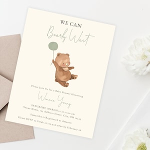 We Can Bearly Wait Baby Shower Invitation Template | Editable & Printable - Instant Download | Baby Sprinkle | Beary Excited