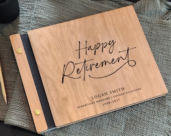 Personalized Happy Retirement Memory Book for Boss or Coworker, Wooden Company Keepsake Album
