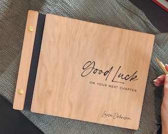Personalized Coworker Farewell Memory Book, Wooden Next Chapter Guest Book