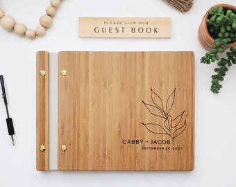 Botanical Wedding Guest Book, Personalized Wooden Guestbook Album