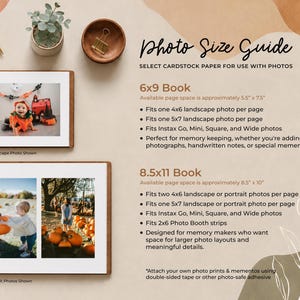 a photo size guide that provides information on selecting the appropriate size of photostock paper for use with photos. It includes two different types of photobooks, a 6x9 book and an 8x11 book, along with a list of their respective sizes and features.