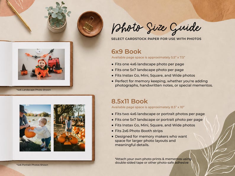 a photo size guide that provides information on selecting the appropriate size of photostock paper for use with photos. It includes two different types of photobooks, a 6x9 book and an 8x11 book, along with a list of their respective sizes and features.