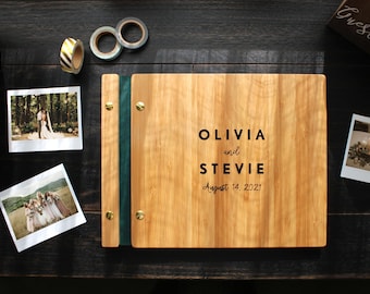 Green Wedding Guest Book, Personalized Wooden Photo Booth Album