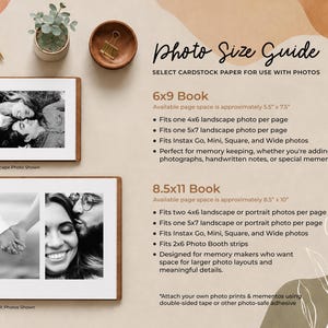 a photo size guide that provides information on selecting the appropriate cardstock paper for use with photos. It includes two different book sizes, the 6x9 Book and the 8.5x11 Book, along with a photo of a couple and a photo of a landscape. The guide advises that the book size should be chosen based on the desired page space and the type of photos to be printed.
