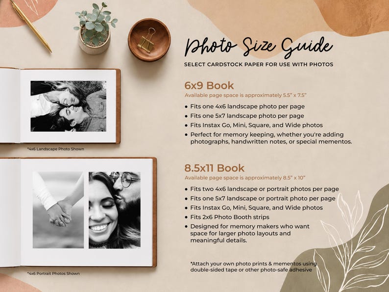 a photo size guide that provides information on selecting the appropriate cardstock paper for use with photos. It includes two different book sizes, the 6x9 Book and the 8.5x11 Book, along with a photo of a couple and a photo of a landscape. The guide advises that the book size should be chosen based on the desired page space and the type of photos to be printed.